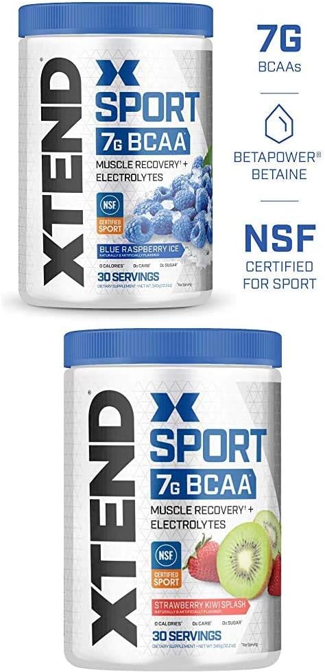 Scivation Xtend Hydrasport BCAA Poudre, Acides aminés à chaîne ramifiée, BCAAs, Zero Sugar Electrolyte Buvez Poudre + Hydratation, Blue Raspberry & Strawberry Kiwi, 30 portions Twin Pack