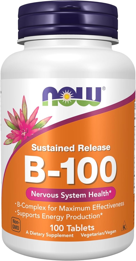 MAINTENANT Aliments suppléments, vitamine B-100, libération prolongée, production d'énergie*, santé du système nerveux*, 100 comprimés