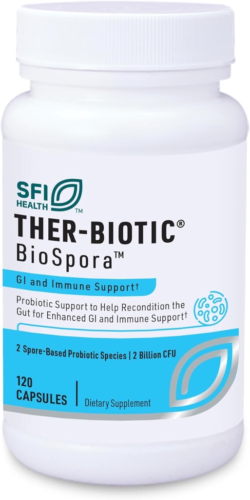 Klaire Labs SFI Health Biospora Probiotic - Bacillus Coagulans & Subtilis 2 Million CFU pour le soutien digestif et immunitaire - Spore stable au sol formant un probiotique pour les hommes et les femmes (120 capsules)