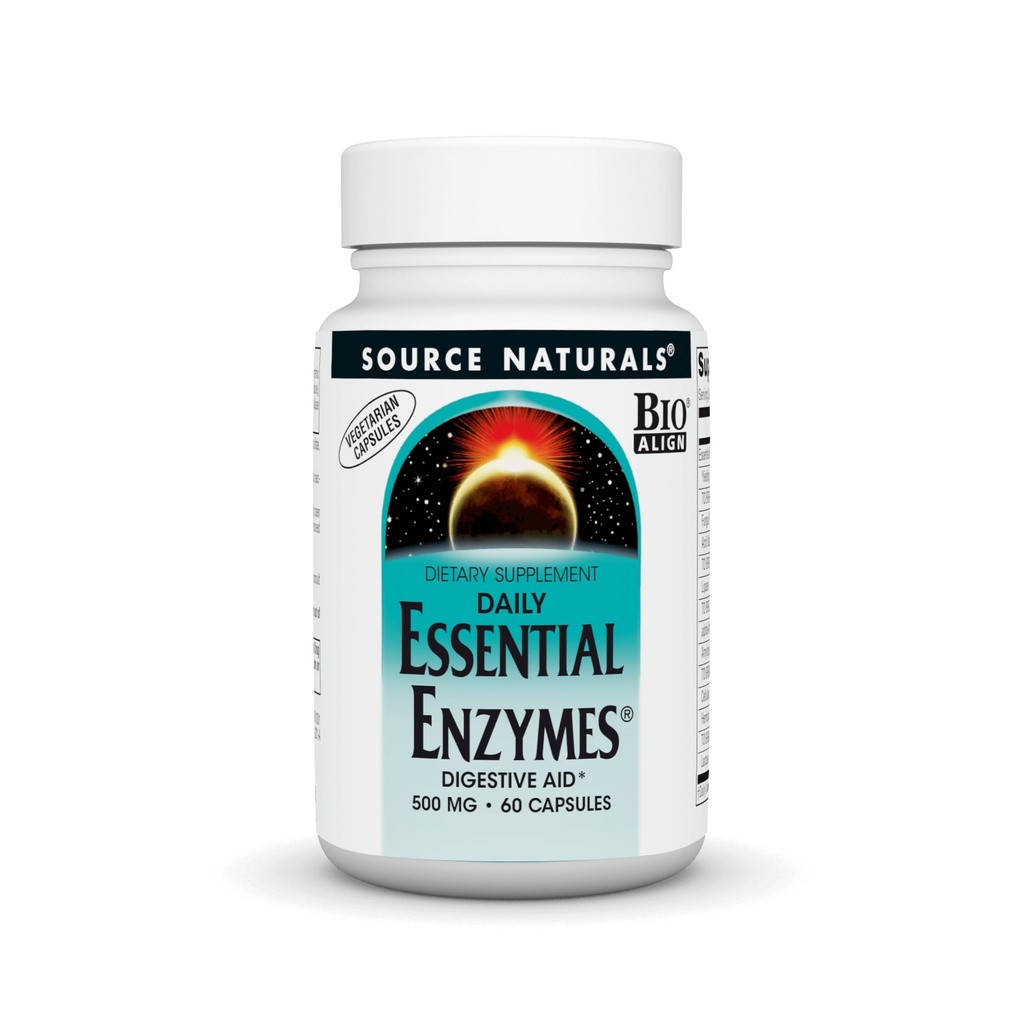Source Naturals Enzymes essentiels 500mg Bio-aligné complément enzymatique multiple Défense à base de plantes pour la digestion, le gaz, la constipation et le dégel - soutient le système immunitaire* - 60 capsules végétariennes
