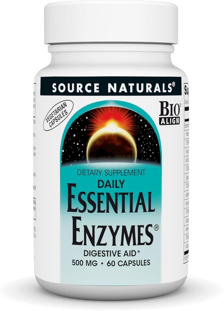 Source Naturals Enzymes essentiels 500mg Bio-aligné complément enzymatique multiple Défense à base de plantes pour la digestion, le gaz, la constipation et le dégel - soutient le système immunitaire* - 60 capsules végétariennes