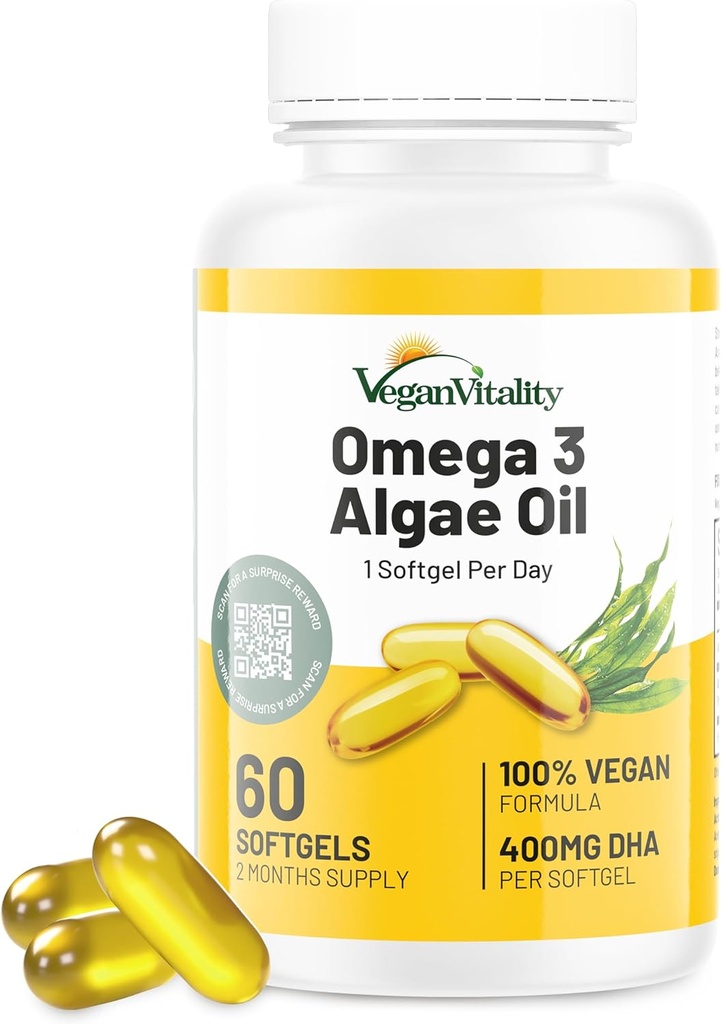 Vegan Vitalité Vegan Omega 3 Supplément - 60 Huile d'algues végétale Gels doux Acides gras essentiels avec DHA végétalien pour le soutien articulaire, cardiaque et immunitaire sans EPA