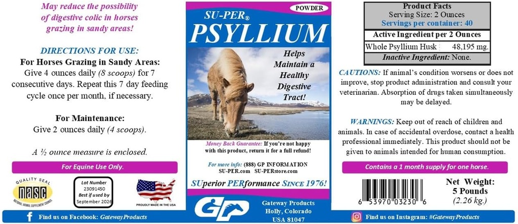 SUPER Psyllium Horse Digestion Supplement - maintient un système digestif sain chez les chevaux - soutient l'enlèvement de sable et de dirt du système intestinal - 5 livres, (2 paquets)