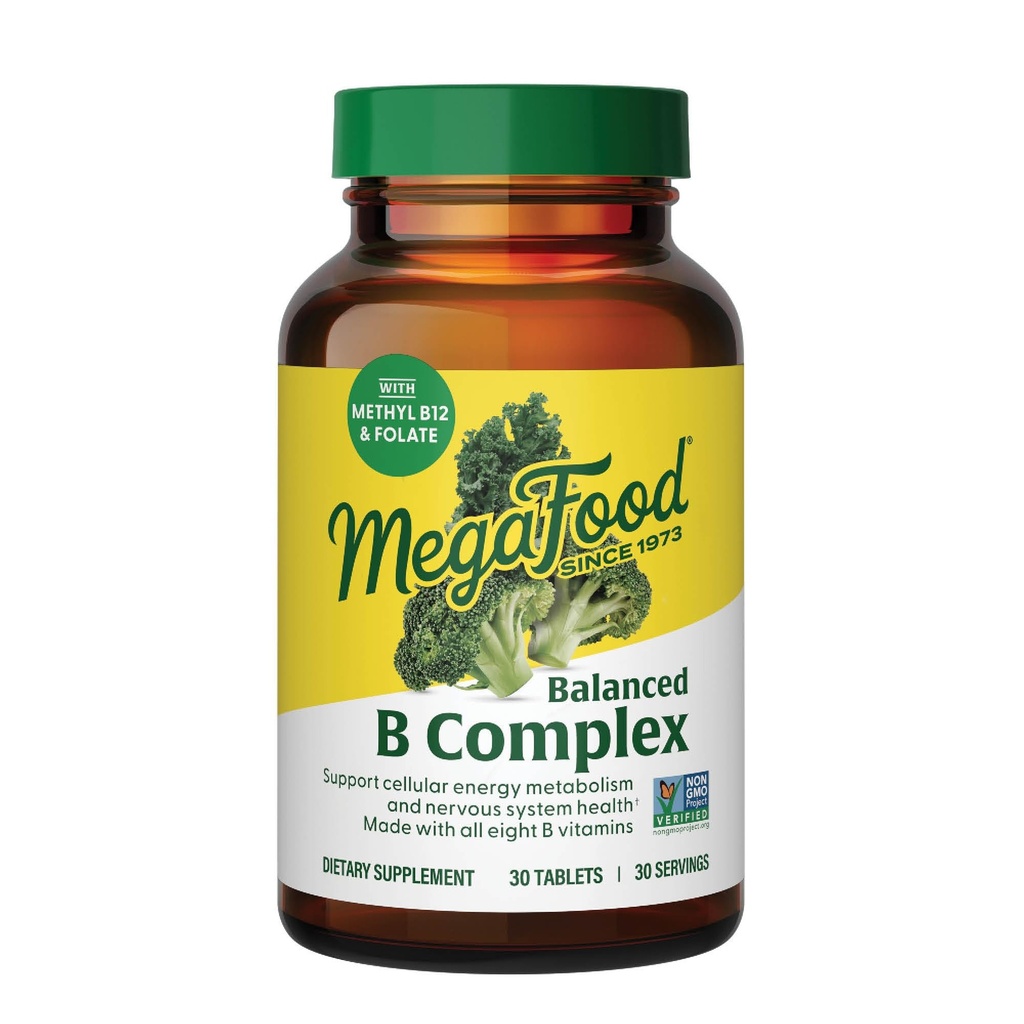 Complexe MegaFood Balanced B - Supplément complexe de vitamine B, 8 B Vitamines incluant vitamine B6, vitamine B12, folate, biotine et plus, soutient la production d'énergie cellulaire, végétalien, sans gluten - 30 comprimés