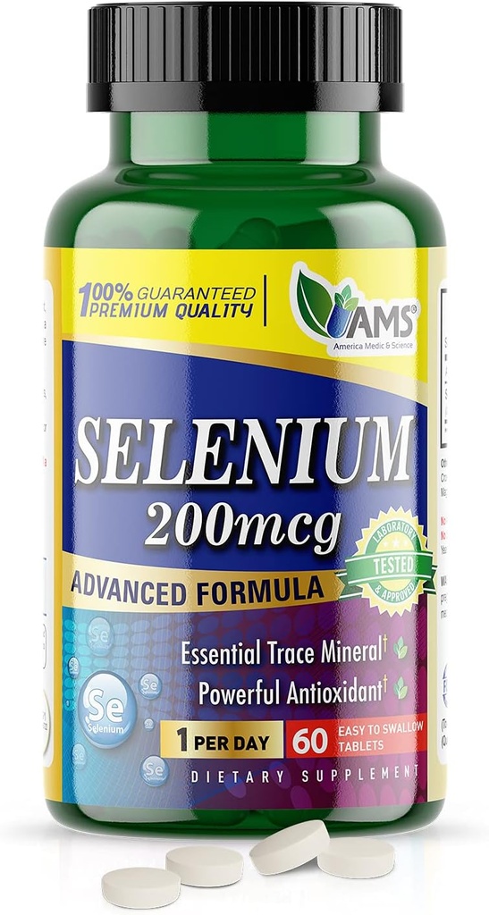 America Medic & Science Sélénium 200 mcg (1 Pack de 60 comprimés) Supplément diététique pur pour les hommes et les femmes, Trace minéral essentiel et puissant antioxydant Meilleur pour le soutien immunitaire et la santé thyroïde