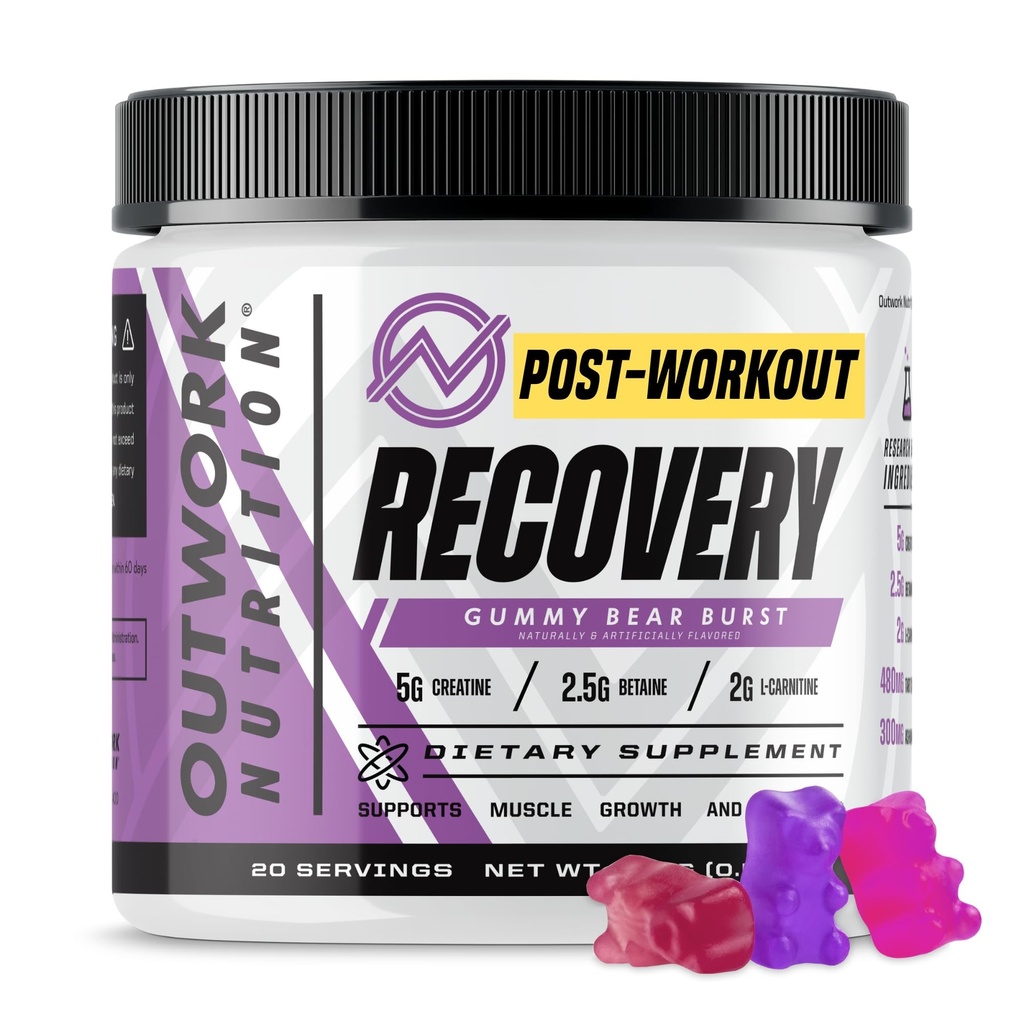 Outwork Nutrition Post Workout Recovery Poudre - Creatine Monohydrate, KSM-66 Ashwagandha & Tart Cherry - Rapids Recovery, Soulagement - Creatine Poudre pour hommes et femmes, Gummy Bear Burst, 230 Gr