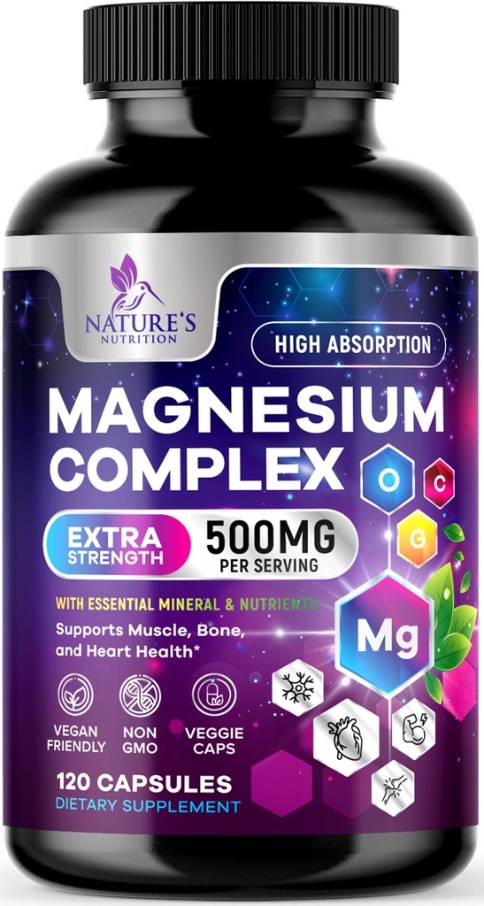 Supplément complexe de magnésium 500 mg - 5 en 1 haute absorption Glycinat de magnésium chélaté, malate, citrate, oxyde, Aquamin - Capsules Magnésio non OGM, soutien musculaire osseux et de santé cardiaque, 120 Capsules