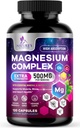Supplément complexe de magnésium 500 mg - 5 en 1 haute absorption Glycinat de magnésium chélaté, malate, citrate, oxyde, Aquamin - Capsules Magnésio non OGM, soutien musculaire osseux et de santé cardiaque, 120 Capsules