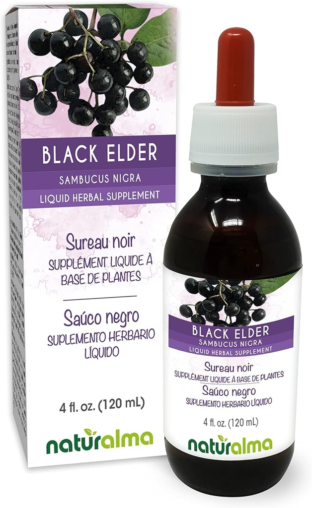 Naturalma Noir Aîné (Sambucus nigra) Fleur (fleur d'érable) et Fruits (Aulne) Teinture sans alcool - 4 fl oz Extrait liquide dans les gouttes - Supplément à base de plantes - Vegan