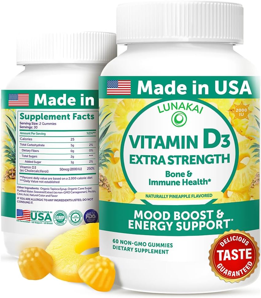 Lunakai USA fait vitamine D3 Gummies 2000 UI - non-OGM, sans gluten vitamine D Gummies pour les femmes et les hommes - Bone, Immune & Energy Support, 60ct