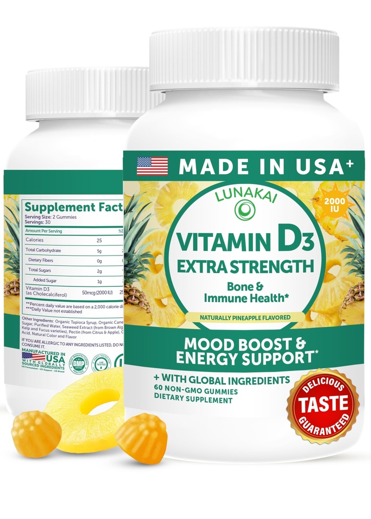 Lunakai USA fait vitamine D3 Gummies 2000 UI - non-OGM, sans gluten vitamine D Gummies pour les femmes et les hommes - Bone, Immune & Energy Support, 60ct