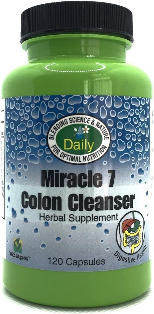 Fabrication quotidienne Miracle 7 Colon CleanserTM (Gras de blé, Acidophilus, fibre de pomme, racine gentiane, seau d'or, Buckthorn, Rhubarb, Cascara Sagrada, Aloe Vera et cannelle) 120 capsules