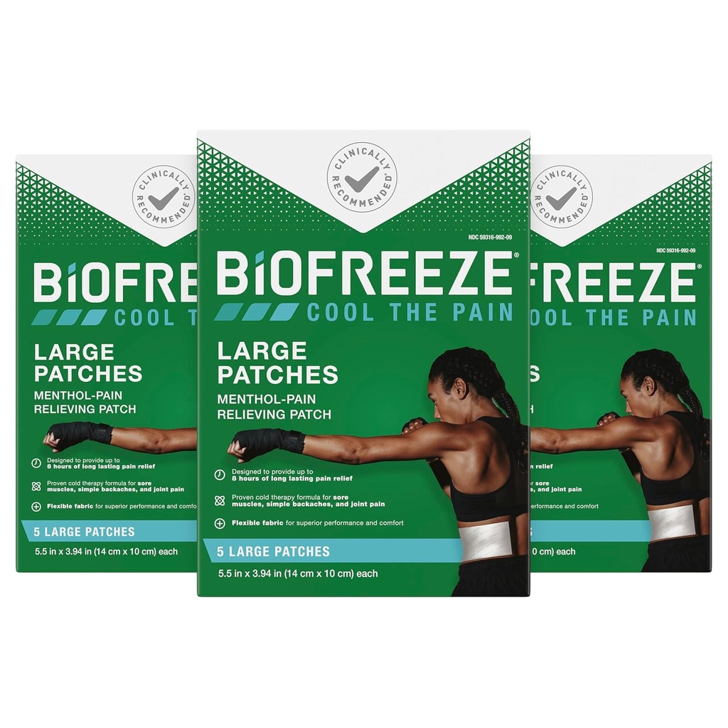 Biofreeze Pain Relief Patchs, Arthrite Pain Relief, Knee & Lower Back Pain Relief Patch, Soulagement musculaire, Soulagement de la douleur au cou, ASF admissible, 3 Pack (5 Biofreeze Menthol Patches)