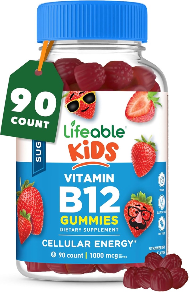 Enfants sans sucre vivace Vitamine B12 Gummées (1000 mcg) Grande dégustation B12 Vitamines pour les enfants (90 Gummées)