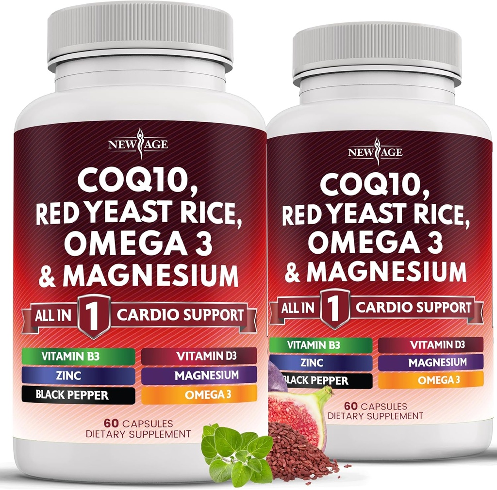 NEW AGE COQ10 200mg Red Yeast Rice 3000mg Omega 3-6-9 3000mg Magnesium Complex 500mg Zinc Vitamin K2 D3 - Vitamins for Women and Men with Vitamin B3, Coenzyme Q10-120 Count