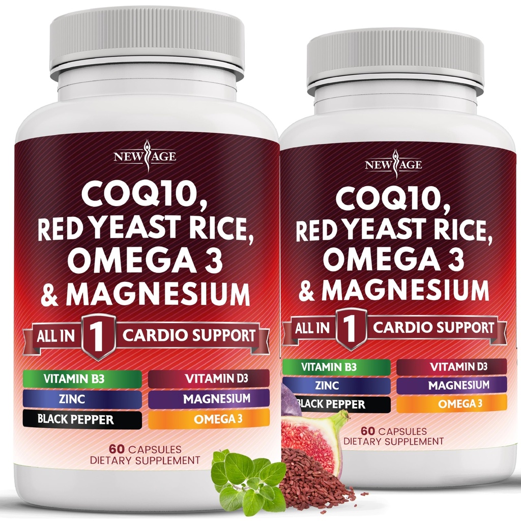 NEW AGE COQ10 200mg Riz de levure rouge 3000mg Omega 3-6-9 3000mg Complexe de magnésium 500mg Zinc Vitamine K2 D3 - Vitamines pour les femmes et les hommes avec vitamine B3, Coenzyme Q10-120 Compte