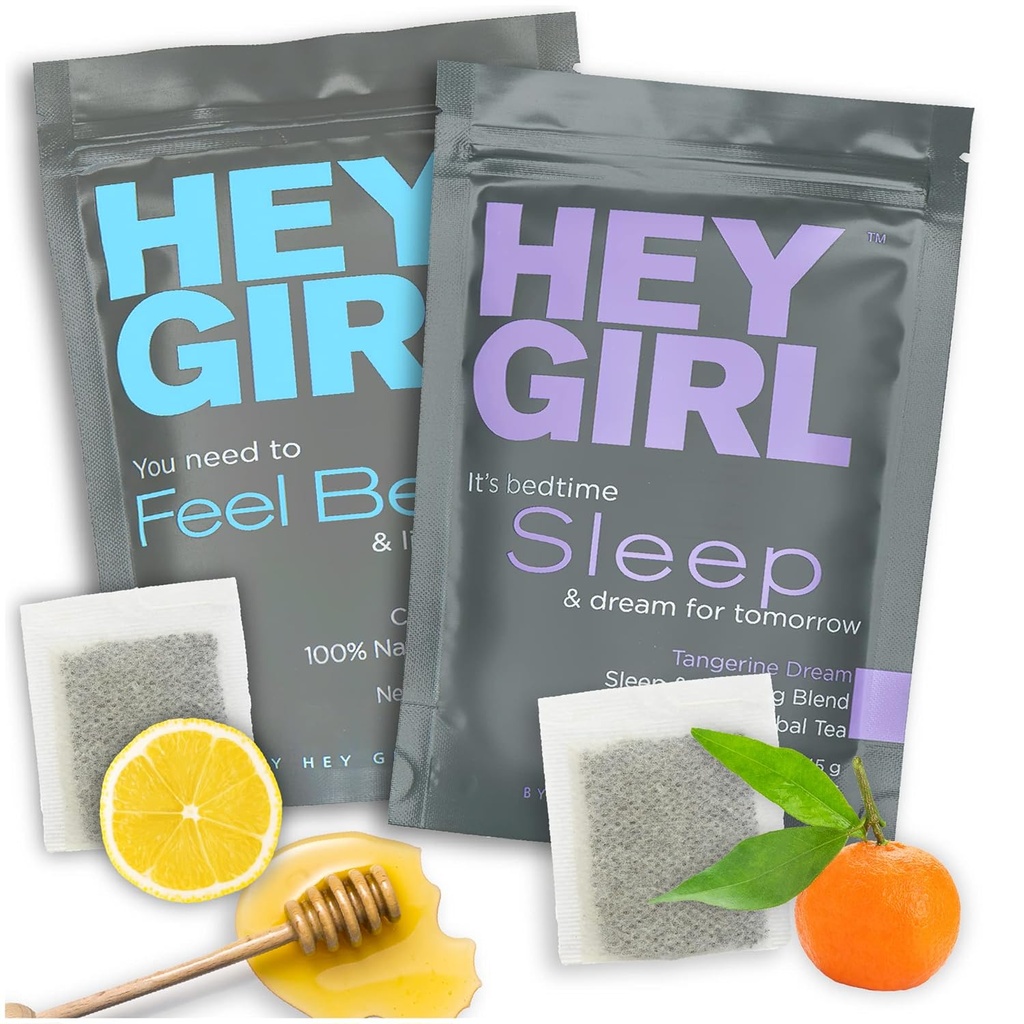 Hey Fille Dormir + Se sentir mieux Ensemble de thé - Sleep Tea w/Chamomile, Valerian Root & Lemon Balm dans les sachets de thé + Se sentir mieux Thé à base de plantes avec Echinacea, Elderberry, Vitamine C