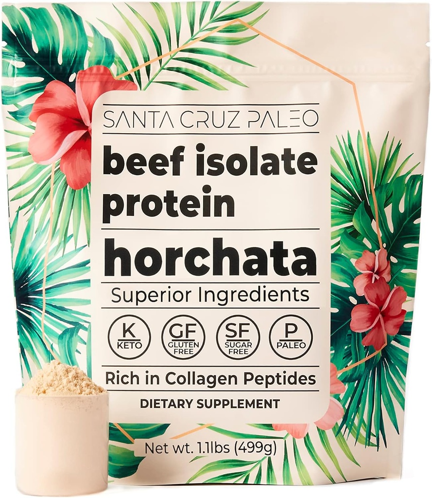 Poudre de protéines isolates de boeuf de Santa Cruz Paleo, Horchata, Riche en peptides de collagène, sans gluten, sans kéto, sans sucre, Paléo, 20g de protéines fécales par portion, poudre de protéines propres à faible teneur en calories, 1,11 Lb