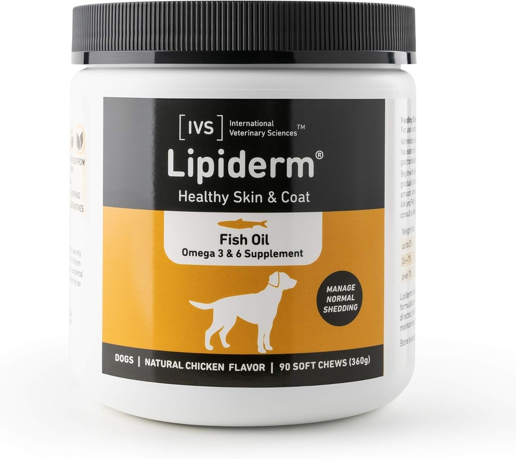 Nouveau International Veterinary Sciences IVS Lipiderm Peau et Coat Huile de poisson Omega 3 et 6 Suppléments alimentaires chiens, fabriqués aux États-Unis (Soft Chews, 90 comte)