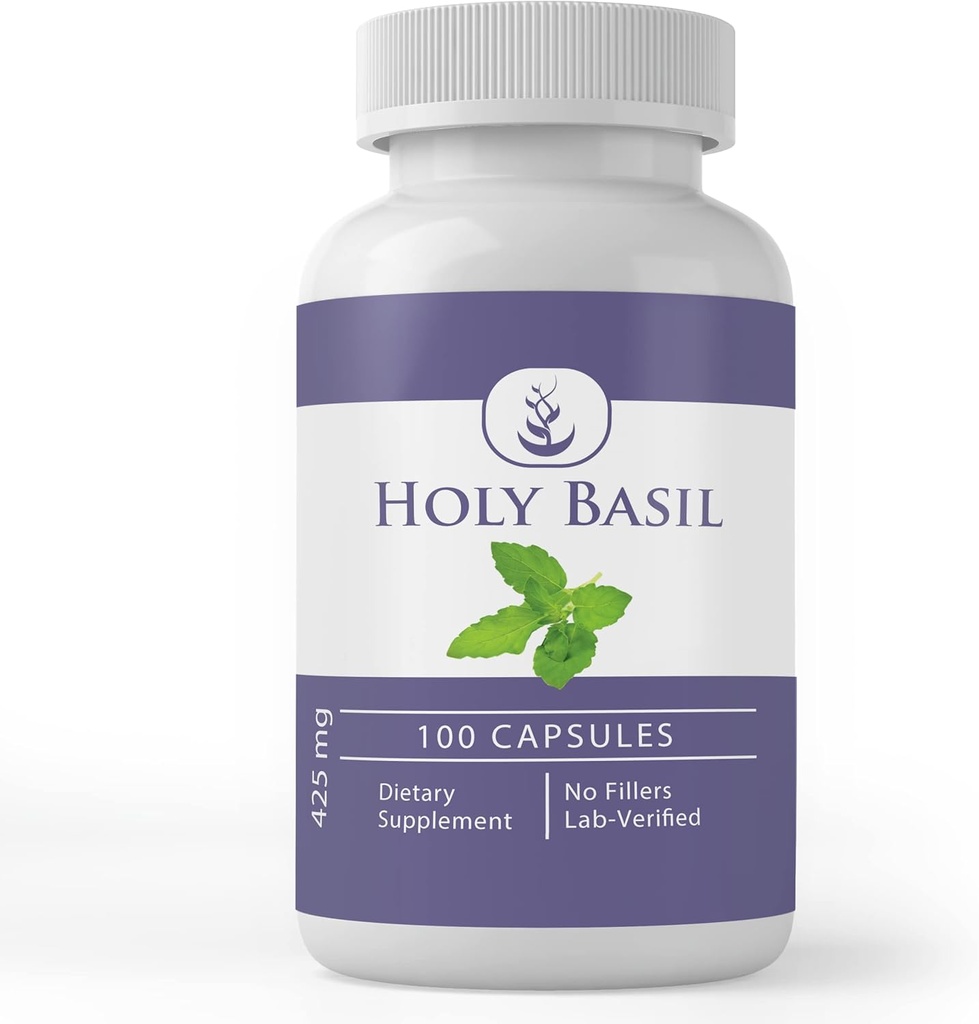 Ingrédients originaux purs Basilic Saint, (100 Capsules) Toujours pur, sans additifs ou remplisseurs, laboratoire vérifié