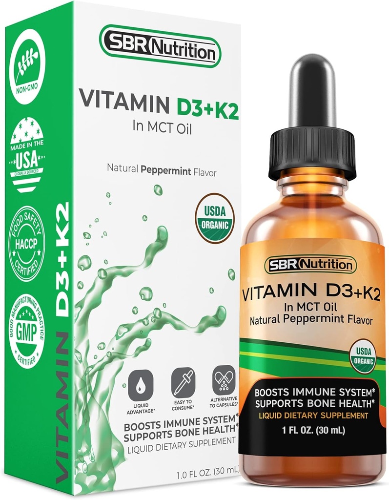 Absorption MAX, vitamine D3 + K2 (MK-7) gouttes liquides avec huile MCT, parfum de menthe poivrée, aide à soutenir les os forts et le cœur en santé