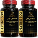 L-LYSINE 500 - Supplément de vitamine à l'acide aminé, suppléments d'énergie à la ménopause pour les femmes, supplément d'acides aminés de forme libre, favorise l'intégrité de la peau et des lèvres - 2 bouteilles 200 Compte