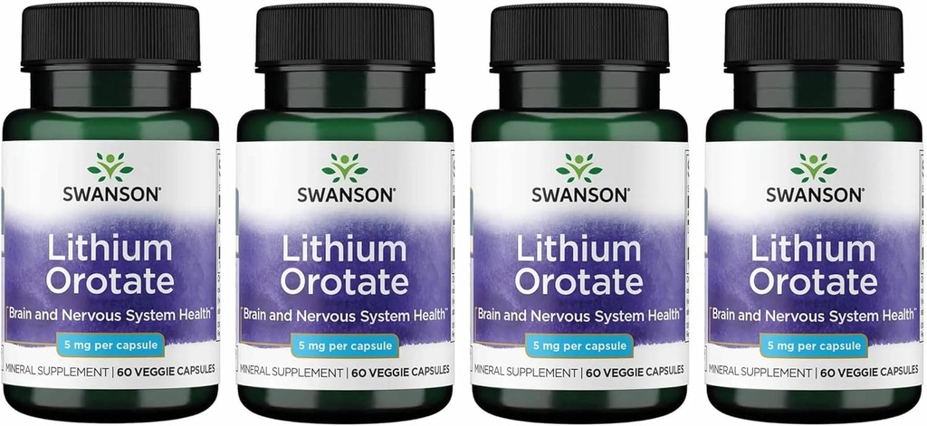 Swanson Lithium Orotate Antioxydant Mood Emotional Wellness Behavior Memory Support Supplément 5 mg 60 Capsules de Veggie (Lithium Élémental) 4 Pack