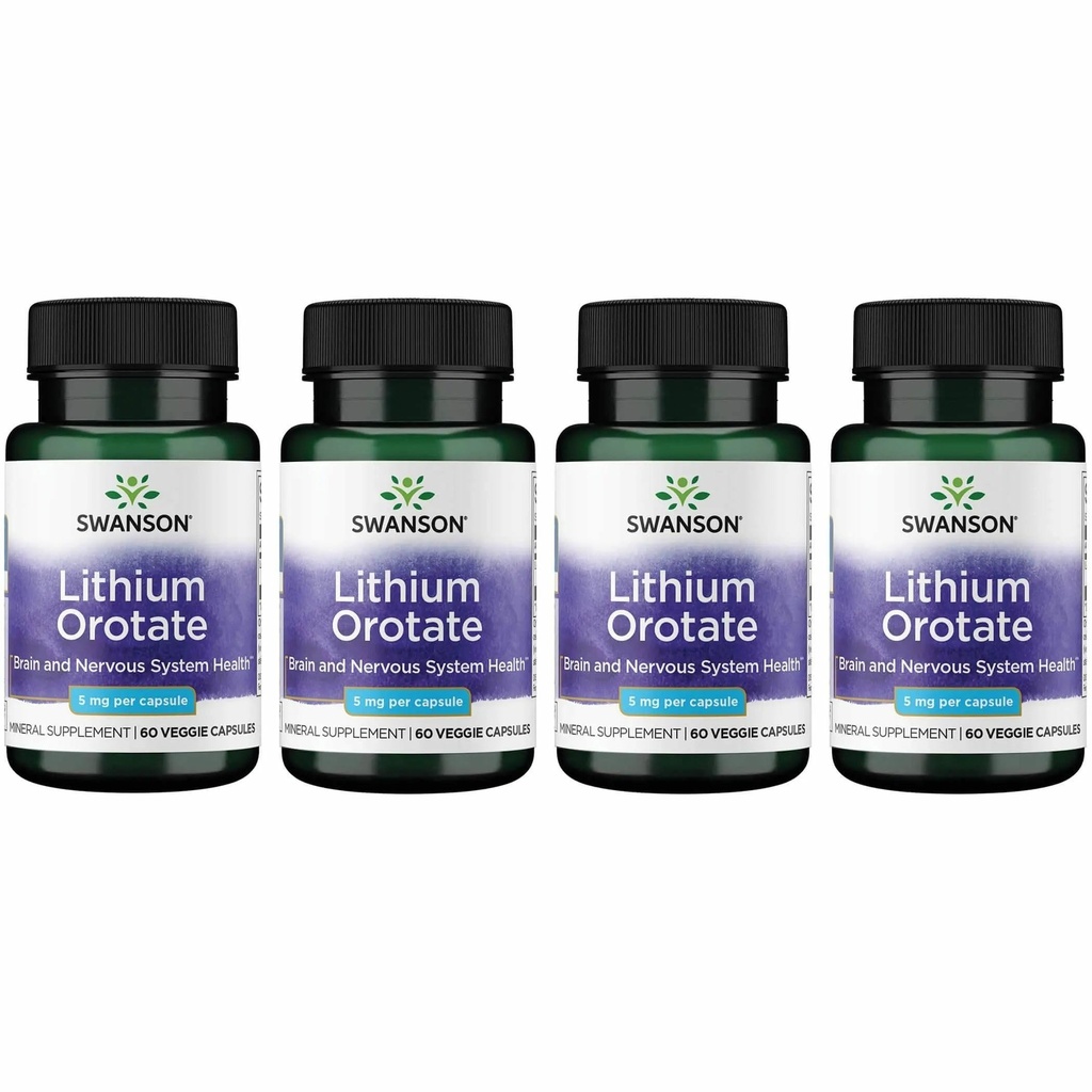 Swanson Lithium Orotate Mood and Memory Support Supplement for Stress-Prone Adults Seeking Emotional Wellness - 5 mg Elemental Lithium (60 Veggie Capsules, 4 Pack)