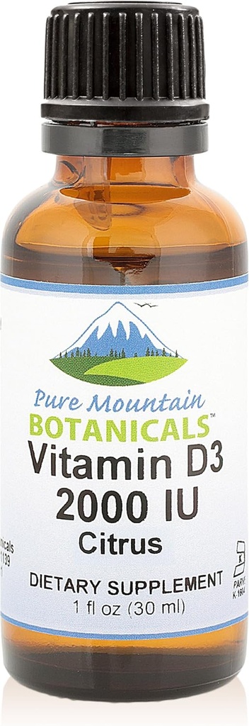 Botaniques de montagne purs Gouttes de vitamine D aromatisées – Vitamine liquide aromatisée orange et citron D3-2000iu par portion - bouteille de 1 oz