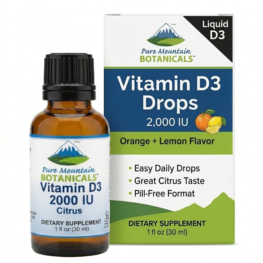 Botaniques de montagne purs Gouttes de vitamine D aromatisées – Vitamine liquide aromatisée orange et citron D3-2000iu par portion - bouteille de 1 oz