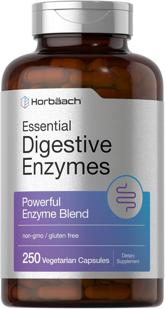 Horbäach Enzymes digestifs essentiels (250 capsules) Un mélange puissant d'enzyme pour les hommes et les femmes (sans OGM et sans gluten)