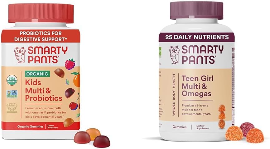 SmartyPants Gommies multivitamines organiques pour enfants: Probiotiques, Omega 3 (ALA) et Gommies multivitamines pour adolescentes: Omega 3 Huile de poisson (EPA/DHA), Vitamine D3, C, Vitamine B12, B6