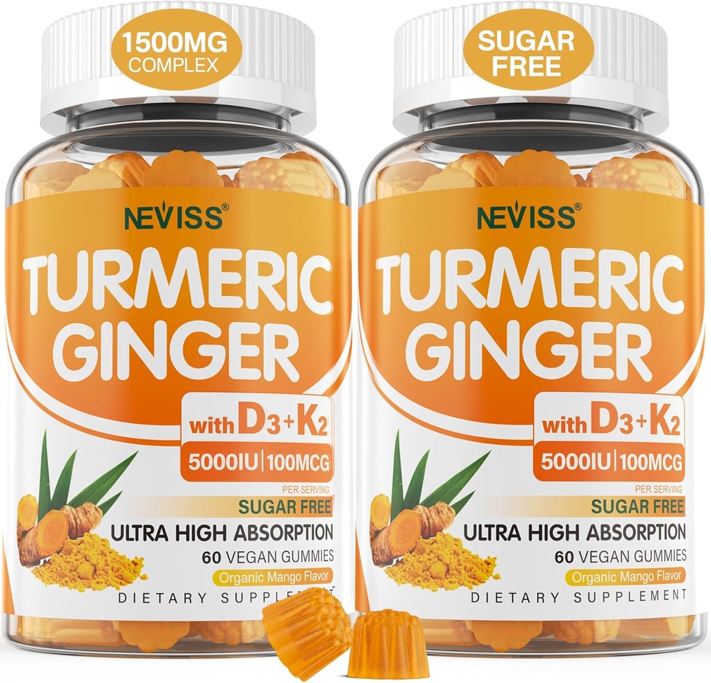 Gommies de gingembre sans sucre avec 5000 UI Vitamine D3 & K2 (MK7), C - Gommies de supplément curcuma végétalien pour adultes 1500mg avec poivre noir, soutient os, immunitaire et santé digestive - 120 Cts
