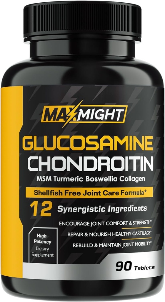 Glucosamine Chondritine MSM Turmère, Boswellia, 12-en-1, Confort articulaire, Mobilité, Lubrification et Force pour les hommes Femmes et Aînés, 90 Tab, Pas de mollusques