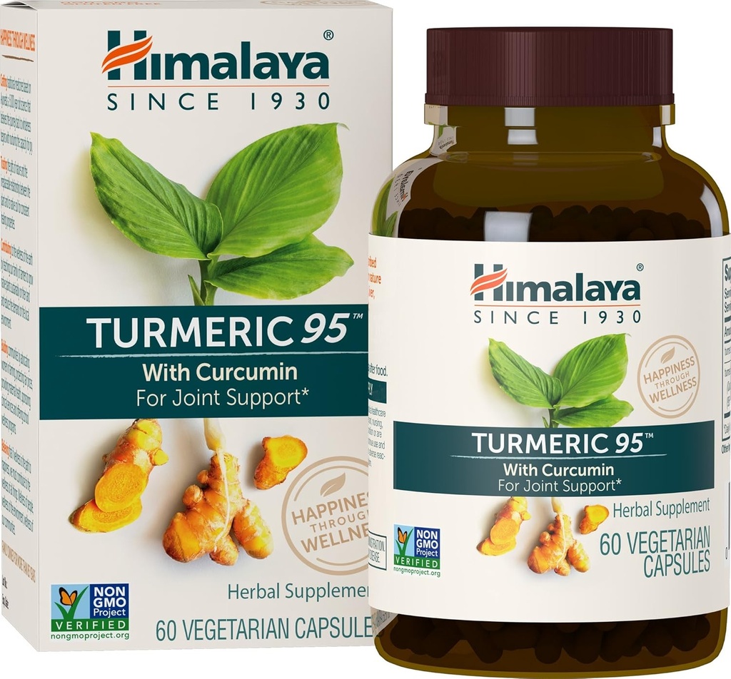 Supplément Himalaya Turmeric 95 avec Curcumine/Curcuminoides, Soutien articulaire et musculaire, Flexibilité et mobilité optimales, 600 mg, Non-OGM, Vegan, Sans gluten, 60 capsules, 60 jours d'approvisionnement