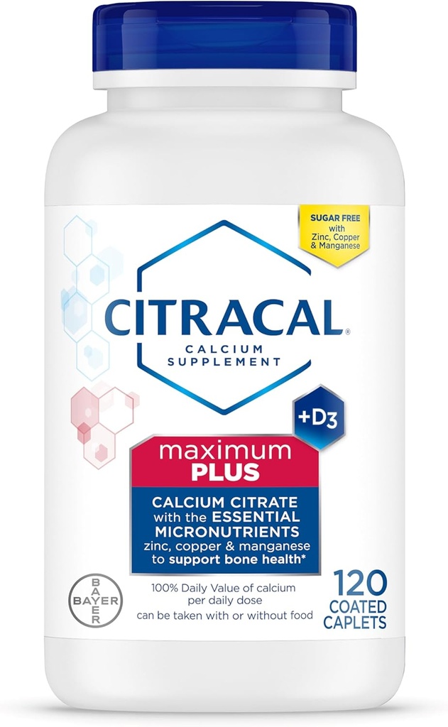 Citracal Maximum Plus, 650 mg Citrate de calcium, facilement absorbé et très soluble avec 25 mcg (1000 UI) de vitamine D3, Bone Health Support, Calcium Supplement for Ages 12+, 120 Compte (Emballage May Vary)