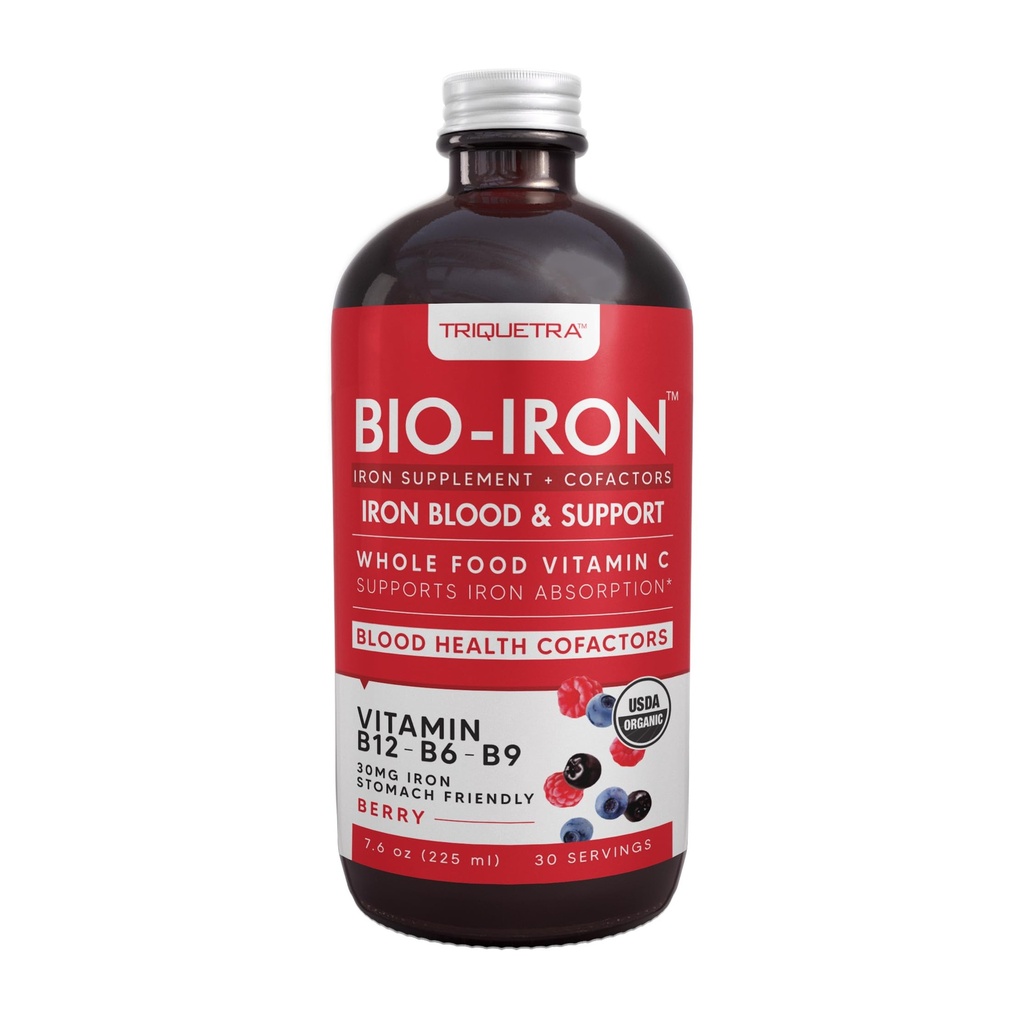 Complément de fer liquide -Certifié biologique, saveur de berry - Alimentation entière Vitamine C Augmentation de l'absorption et construction de sang Vitamines B - Méthyl B12, L-méthylfolate et B6 - Soutient des niveaux de fer sains - 7,6 oz