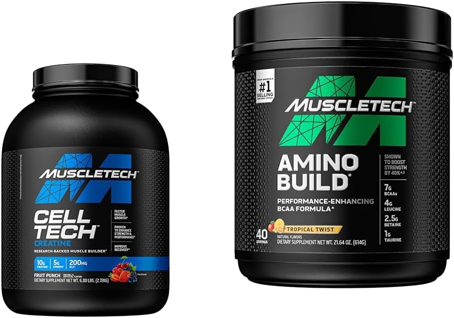 MuscleTech Creatine Poudre Monohydratée Poudre Cell-Tech Creatine Recovery Drink & BCAA Amino Acides + Poudre d'électrolyte, Amino Build, 7g de BCAA + Electrolytes