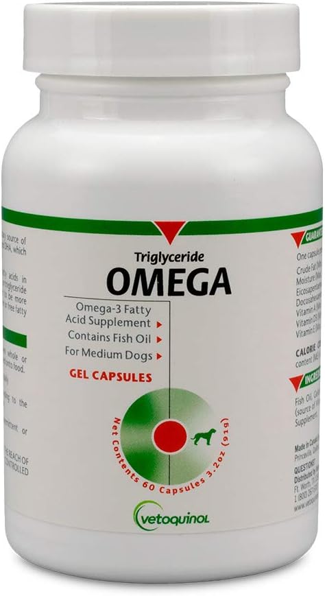 Vétoquinol Triglycéride Omega Dog Complément Capsules, de taille moyenne: 30-60 lbs, 60ct