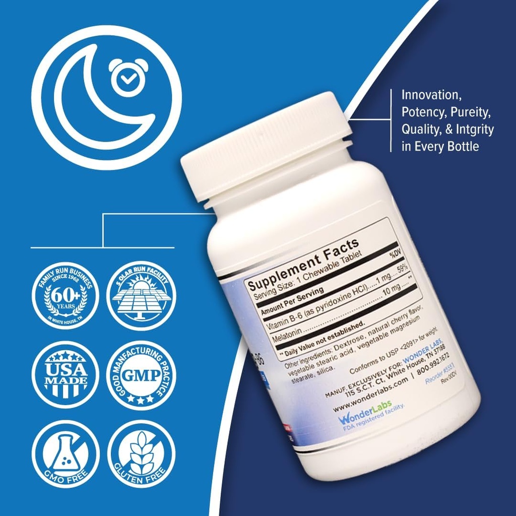 Wonder Laboratories Chewable Melatonin 10mg + B6 Dissolve rapide vous aide à tomber le sommeil plus rapide, rester le sommeil plus long 100 Compte