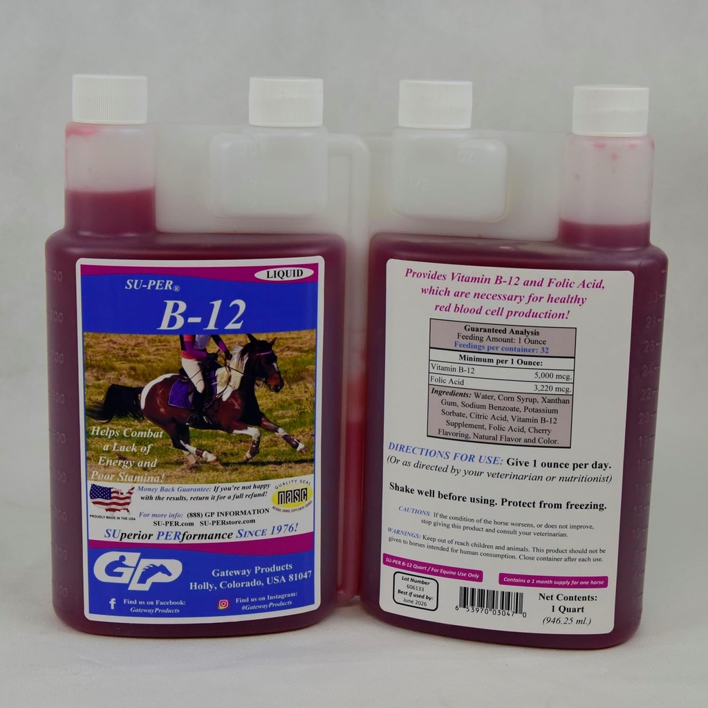 SUPER B-12 Supplément de Cheval d'Energie - Vitamines Hippiques B-12 et B-9 Support acide folique Liquide - Production de globules rouges et support d'endurance pour la performance de pointe - Quart, (2 Pack)
