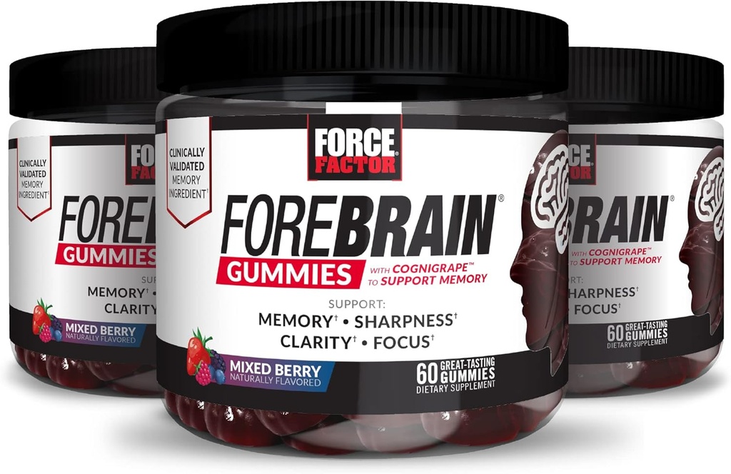 FORCE FACTOR Forebrain Gummies, 3-Pack, Nootropic Cerveau Support Supplément pour la mémoire et le focus, Cerveau Vitamine avec COGNIGRAPE et Huperzine A, Focus Gummies pour soutenir le rappel et la netteté, 180 Gummies