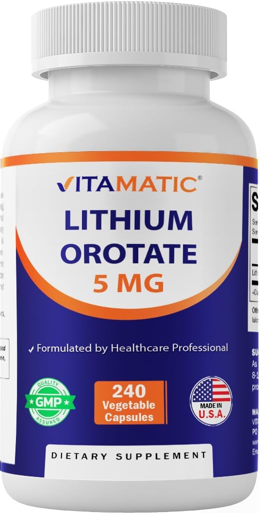Vitamatic Lithium Orotate 5mg, 240 Veggie Capsules, Non-GMO, Gluten Free.