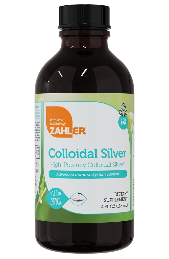 Zahler Colloidal Argent Liquide - Soutien immunitaire avancé et santé générale - 100 PPM liquide bio-actif liquide liquide colloidal - Kosher Végétarien Non-OGM structuré Colloidal Argent Eau (4 fl oz)