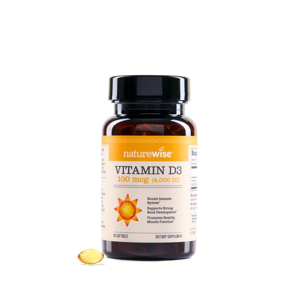 NatureWise Vitamine D3 4000iu (100 mcg) 90 jours d'approvisionnement pour le soutien immunitaire, la fonction musculaire saine et la santé des os - Non-OGM, sans gluten dans l'huile d'olive extra vierge biologique, (Mini Softgel), 90 Nombre