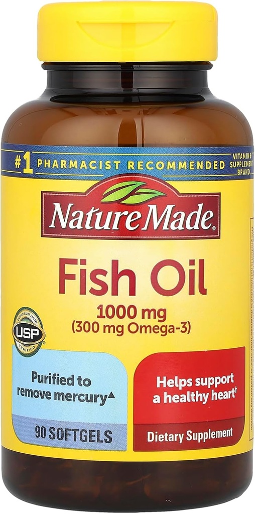 Huile de poisson nature 1000 mg, 90 Softgels, huile de poisson Oméga 3 Supplément pour la santé du coeur