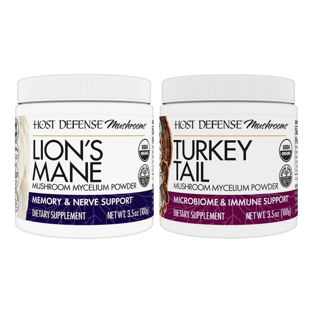 Ensemble de défense de l'hôte avec la poudre de lion, 3,5 oz et dinde Tail Mushroom Powder, 3,5 oz - Soutien Santé cérébrale, mémoire et focus - Soutien Santé digestive et immunitaire*