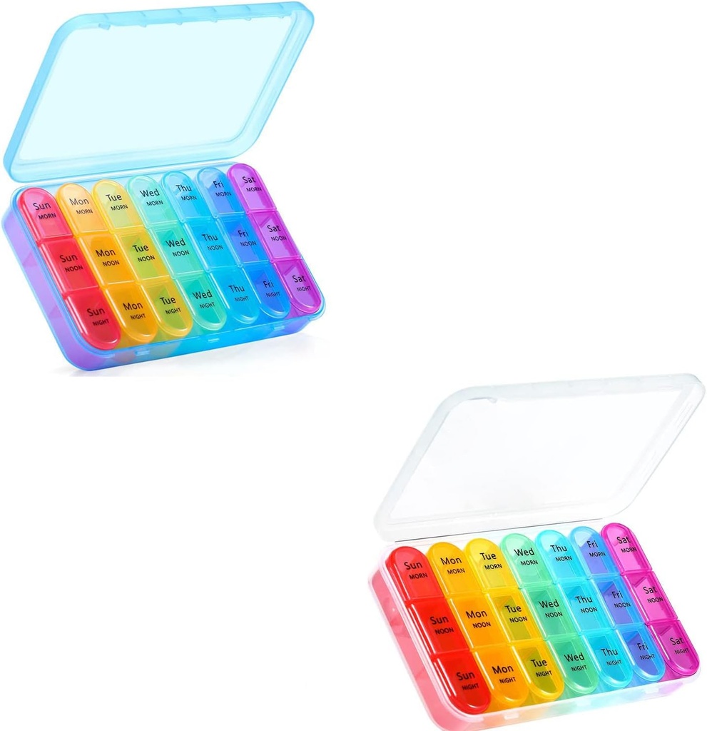 ASprink Pil Box 3 fois par jour, organisateur hebdomadaire de pilules 3 fois par jour - organisateur quotidien de pilules de 7 jours, (bleu et blanc)