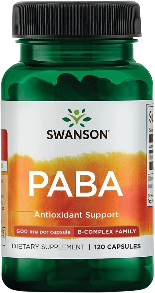 Swanson PABA - Complexe B puissant soutenant la formation de cellules sanguines rouges - Composante acide folique aidant à fournir de l'oxygène aux cellules et au soutien de la santé de la peau - (120 capsules, 500mg chacune)
