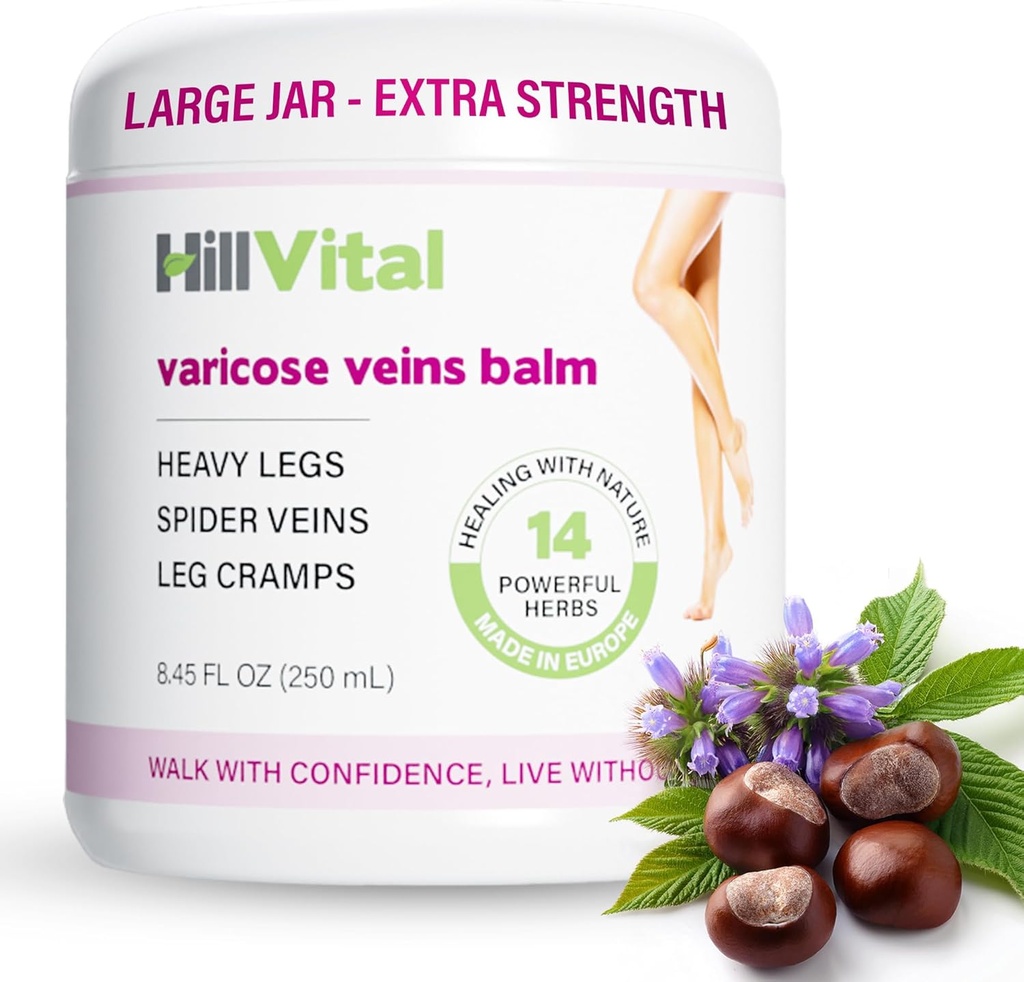 HillVital Varicose Veins Treatment for Legs, Natural Varicose Vein Cream & Spider Vein Treatment for Legs and Other Body Parts, Premium Horse Chestnut Cream for Puffed Veins, Infused with 14 Herbs